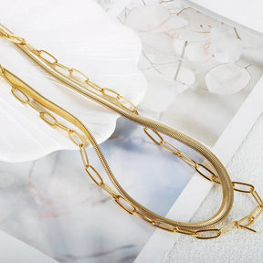 Collar Doble de Malla y Eslabones Chapado en Oro de 18K